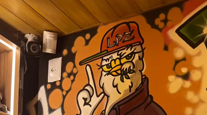 A pomba de boné LPZ grafitada na parede da loja
