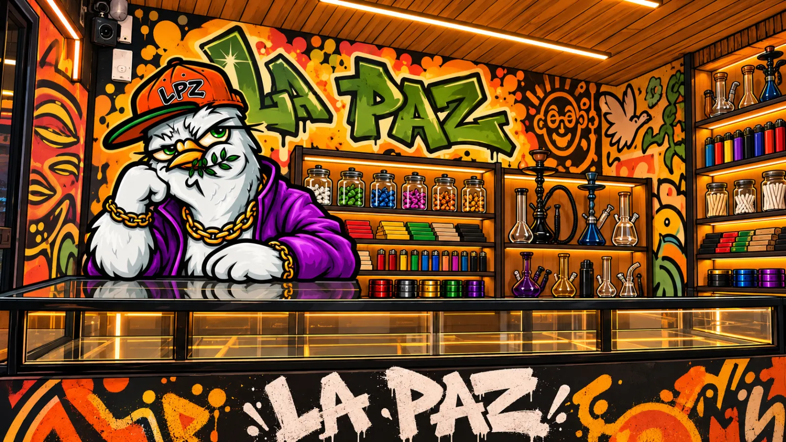 A pomba da La Paz apoiada no balcão de vidro da loja, com a parede grafitada e as prateleiras ao fundo
